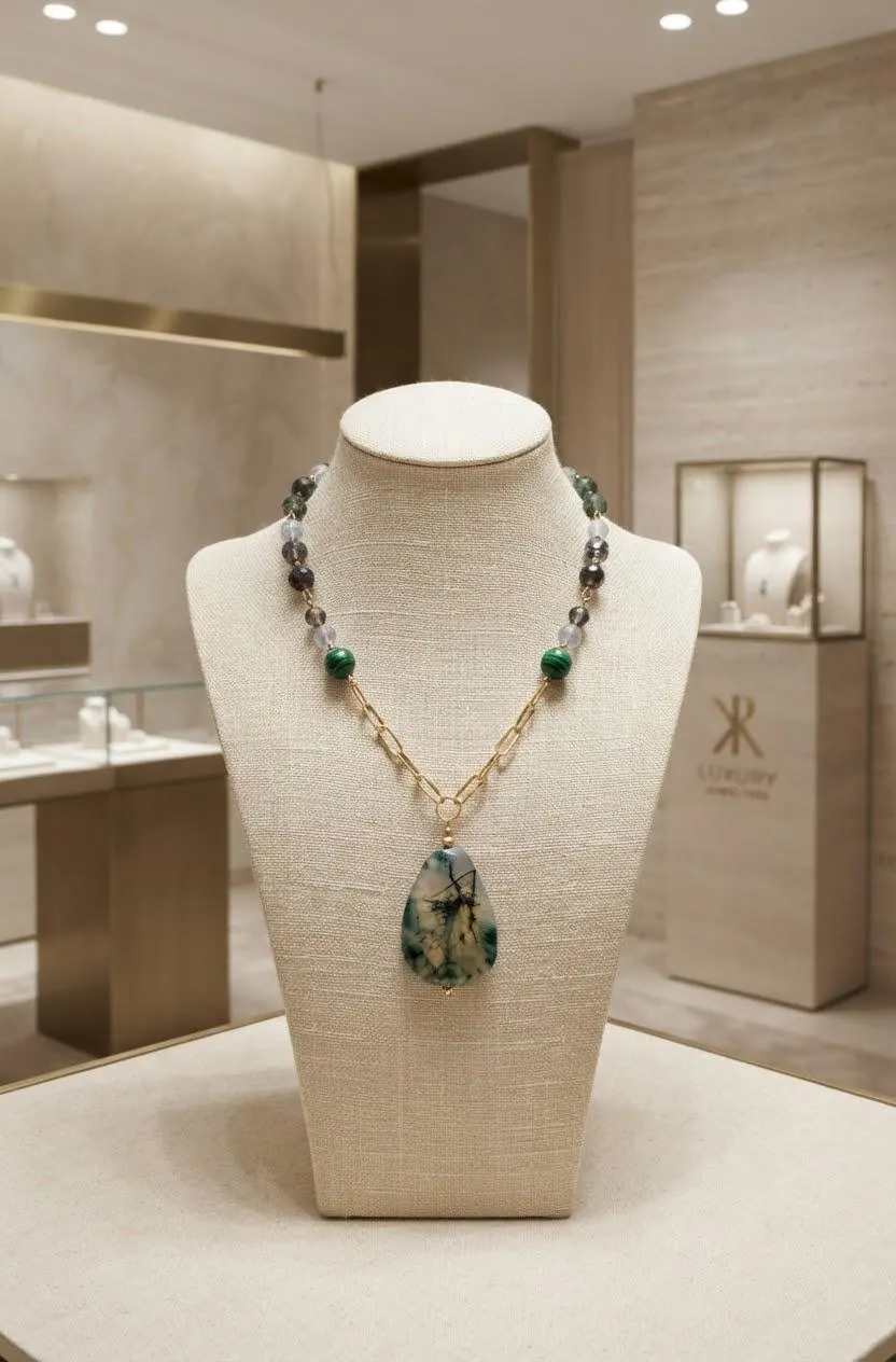 Collar Bosque: Ágata musgo y malaquita
