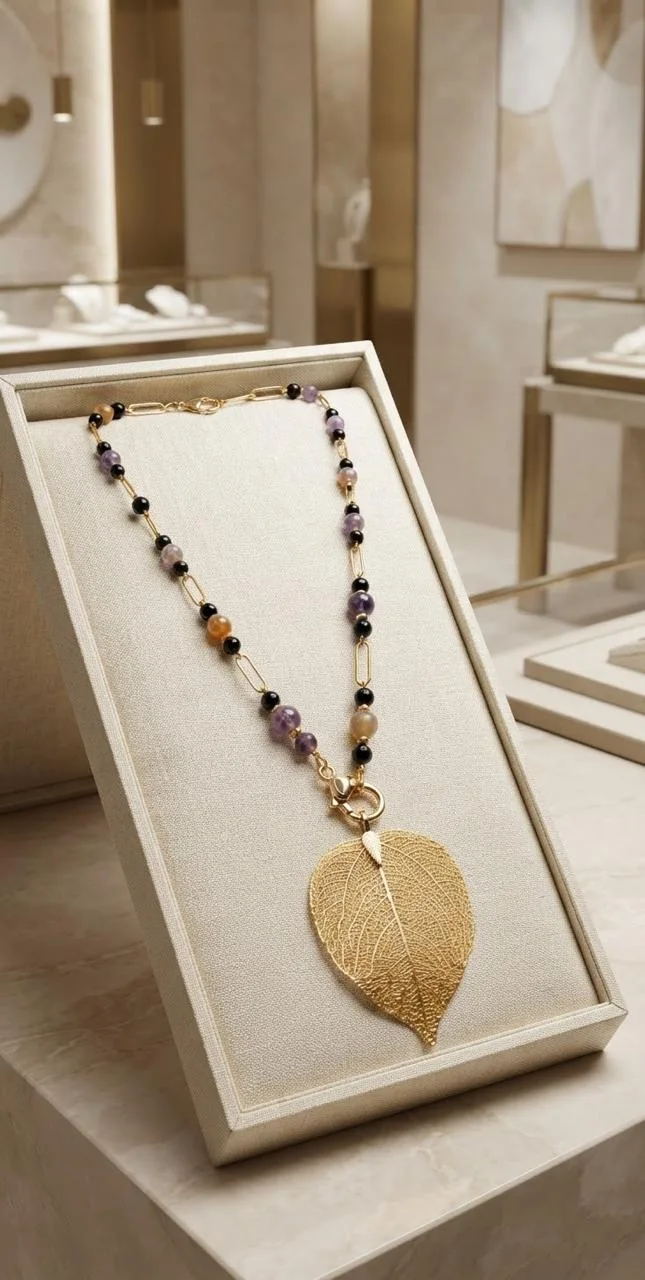 Collar Hoja de Otoño: Amatista, ónix y hoja natural bañada en oro