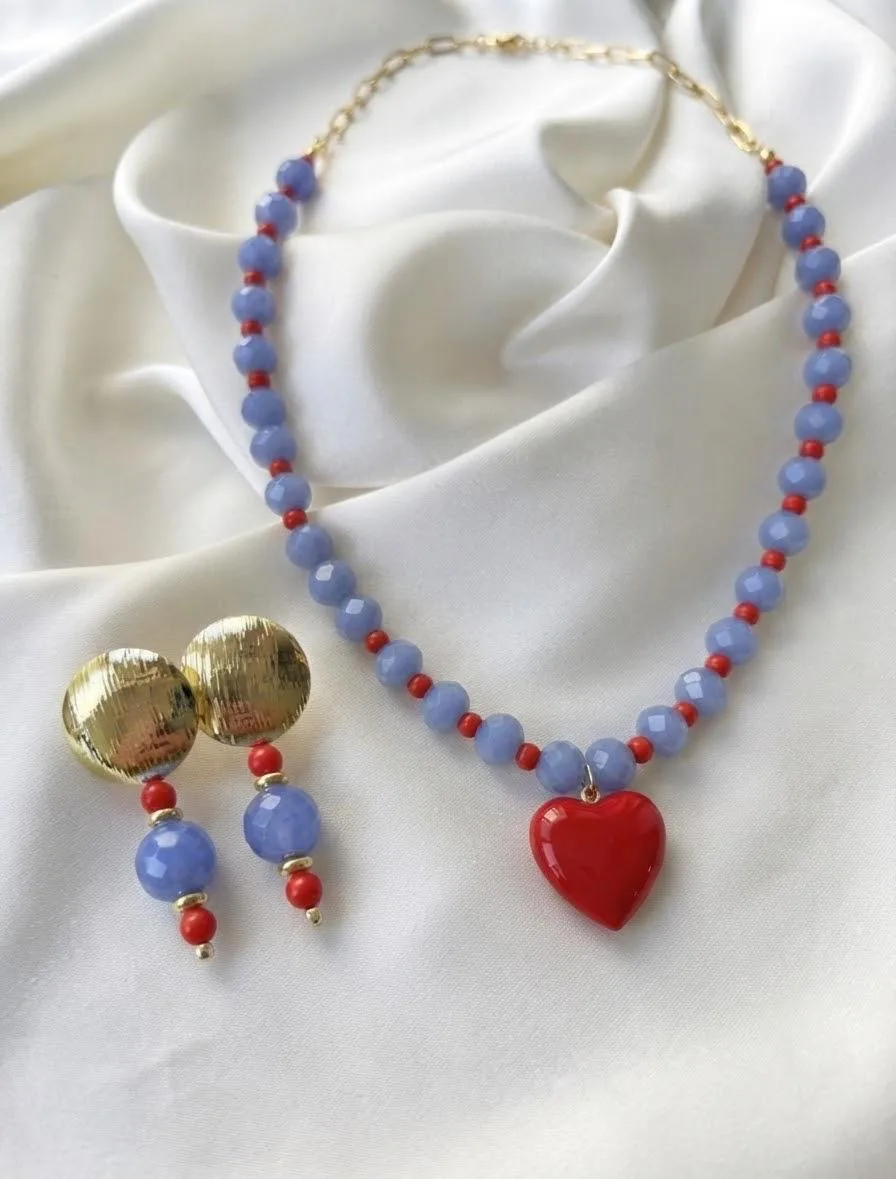 Conjunto Corazón: Ágata azul, coral rojo y corazón de cristal